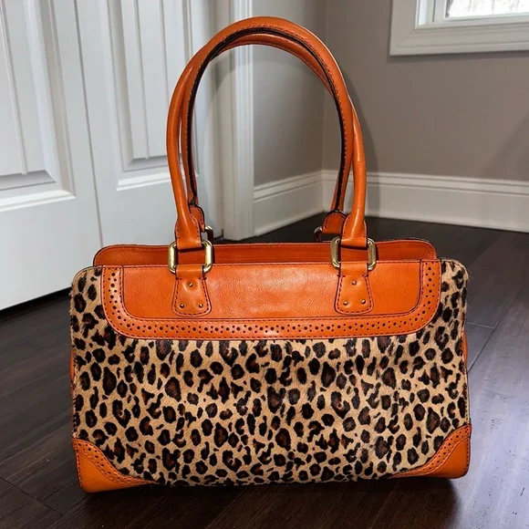 Antonio Melani Y2K Orange Leather Leopard Calf Hair Large Satchel Tote Tassels - Picture 6 of 16